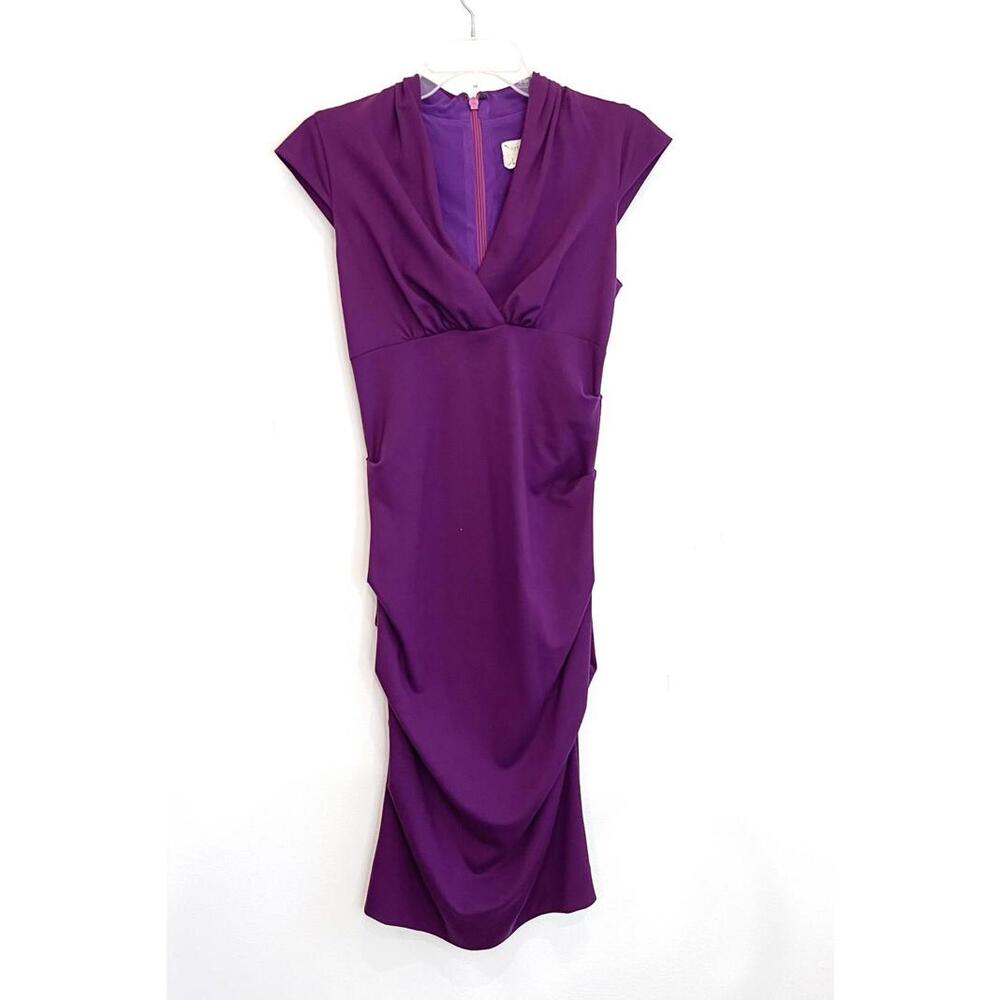 Artelier Nicole Miller Dress Women's Size M Plum PurpleCinch Bodycon Low V Neck